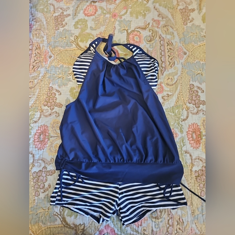 Blue and White Tankini Swimwear Nautical Design Size Small